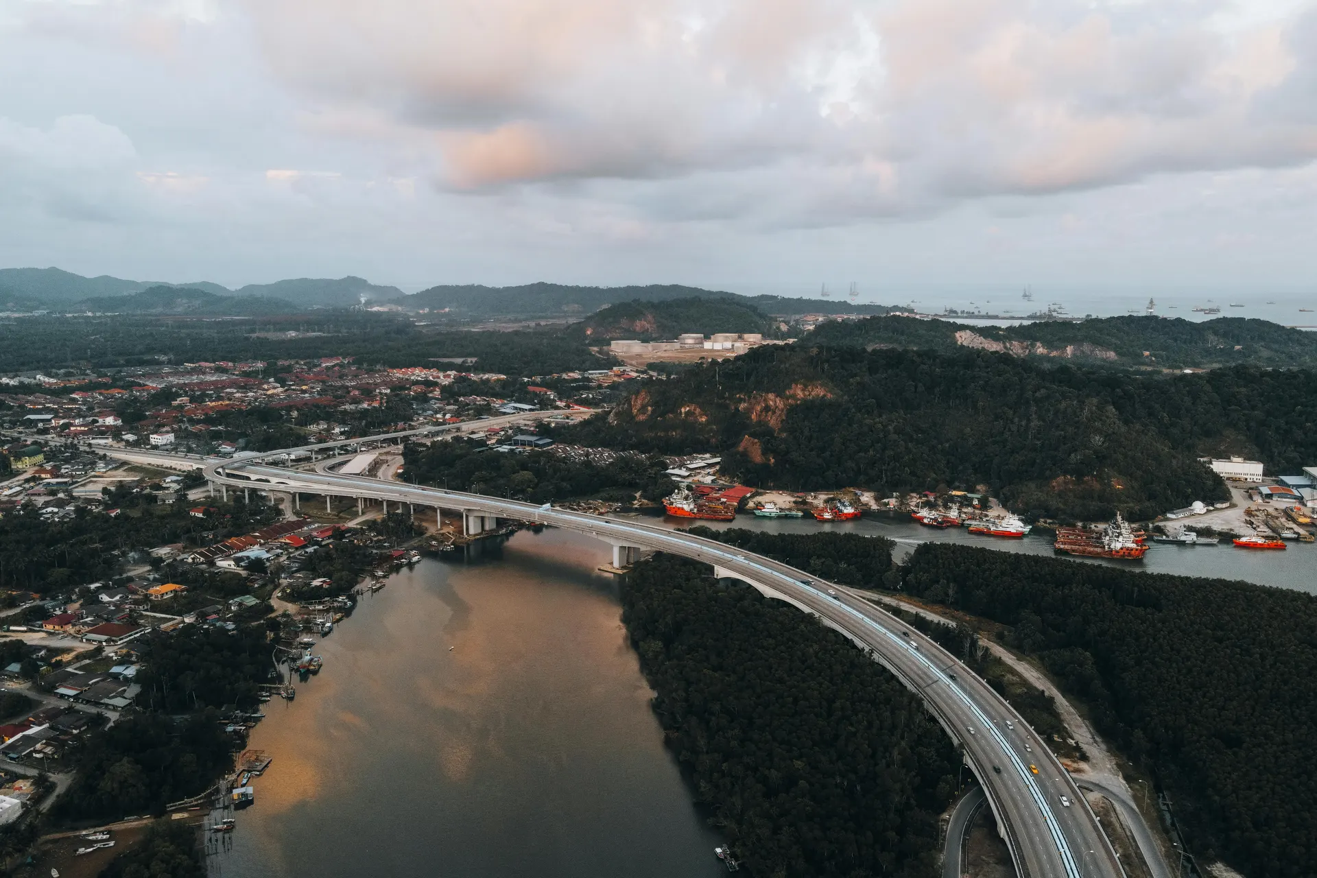 Calm Malaysia coastal route scene with harbor ledger planning style